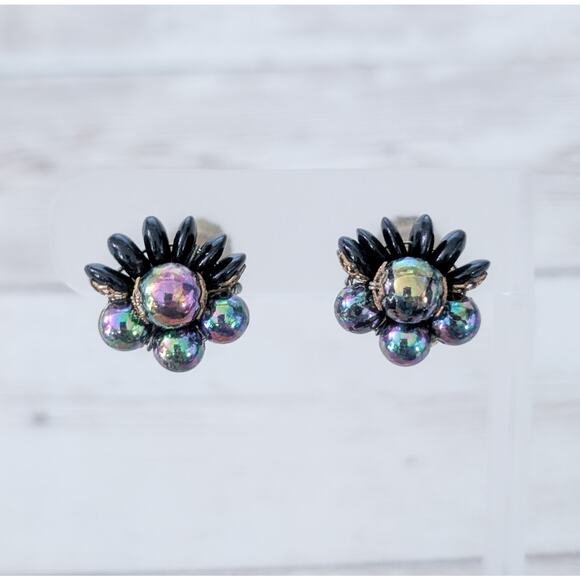 Vintage Clip On Earrings Unusual Dark Iridescent Statement 5/8" - Picture 1 of 6